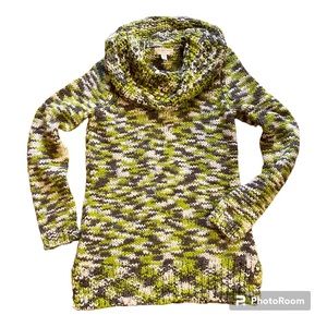 KENAR cowl neck chunky knit sweater - 100% acrylic - lime green,grey & white EUC